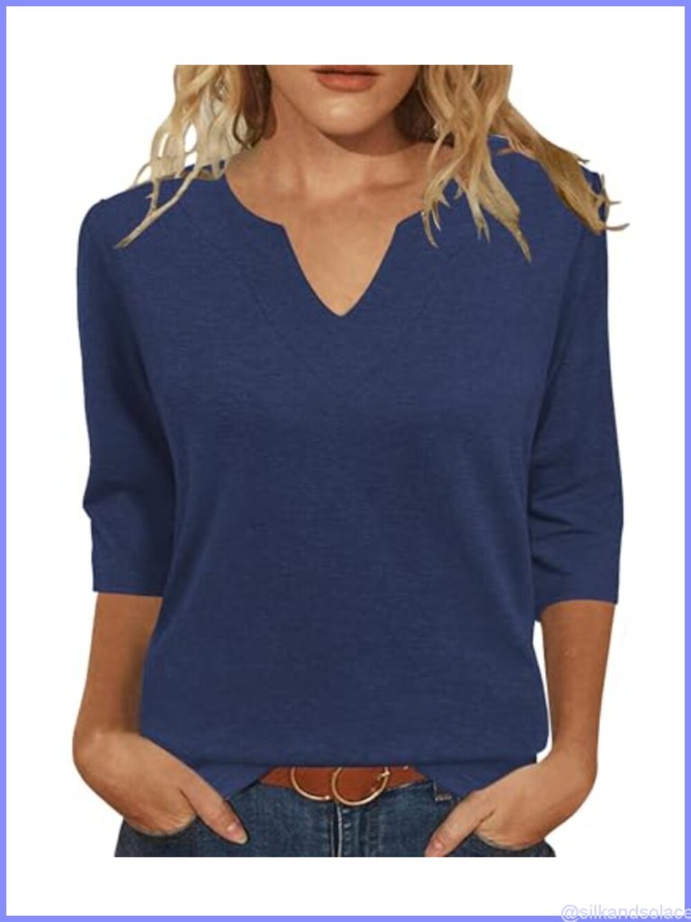 Womens 3/4 Sleeve V Neck T-Shirt Casual Loose Fit Blouse Top